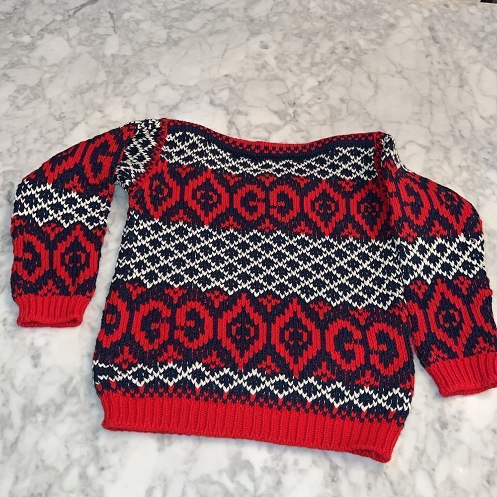 GUCCI RED COTTON GG JACQUARD SWEATER 4Y